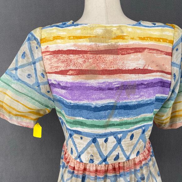 Vtg 80s 90s Two Potato Artsy A Line Midi Dress M Petite Sheer NOS Coastal Pastel - Picture 6 of 16